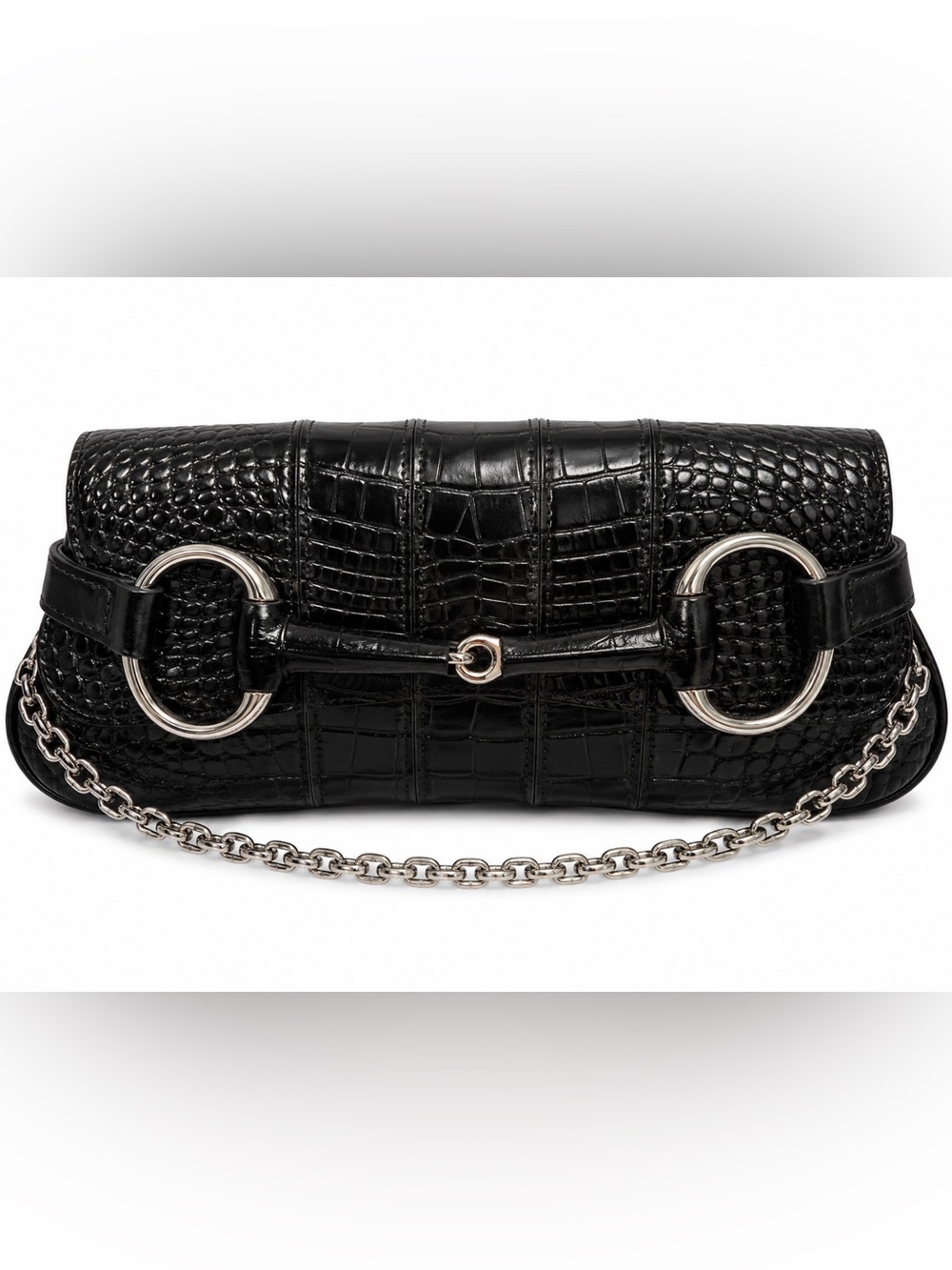 Croc-Embossed Black Leather Clutch with Horsebit and Silver Chain Accent